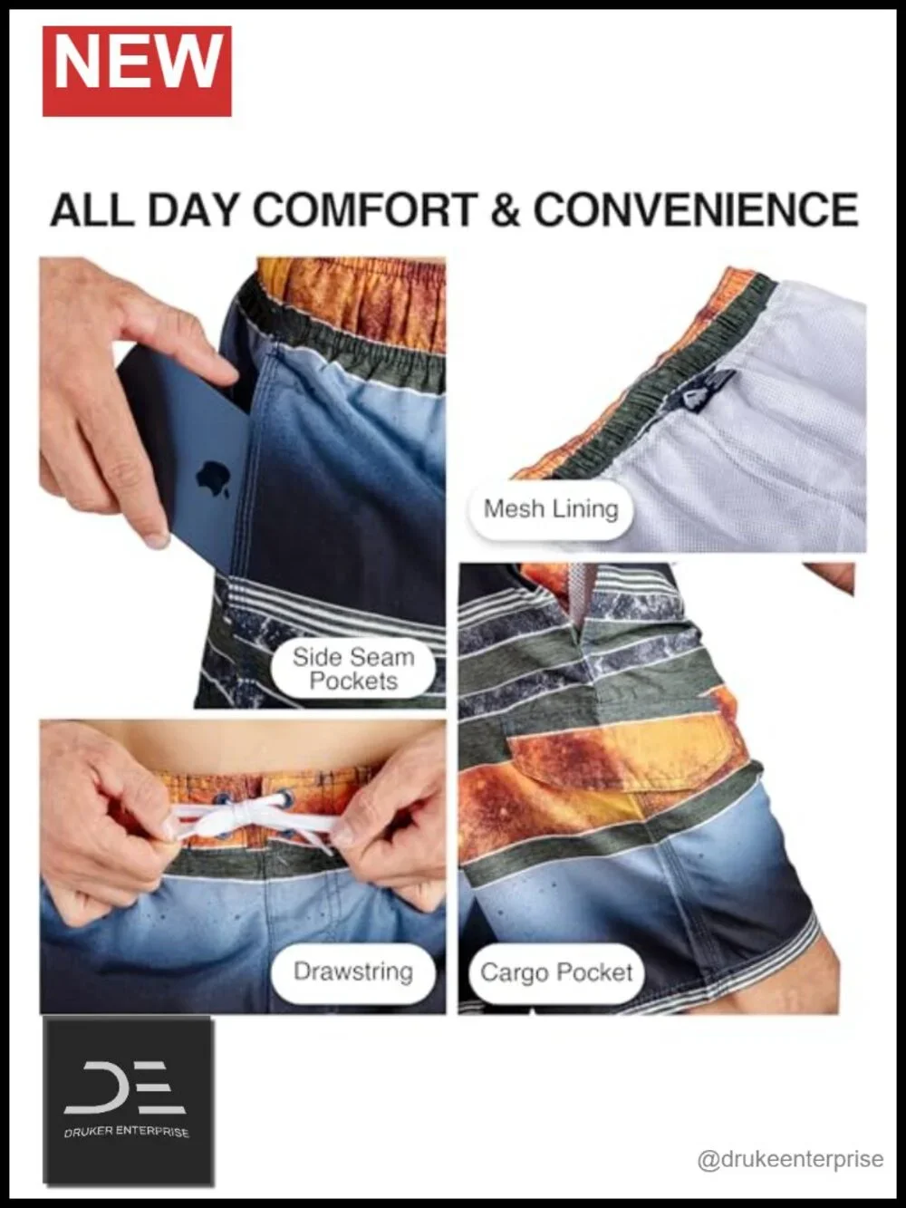 UPF 50+ Quick Dry Microfiber Swim Trunks with Pockets